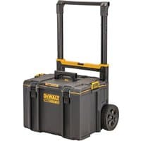 Black DeWalt ToughSystem 2.0 mobile storage box with yellow accents, telescopic handle, and durable wheels.