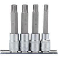 Draper 4-piece RIBE socket bit set, 100mm long, silver and gray, mounted on a metal rail, with square drive ends.