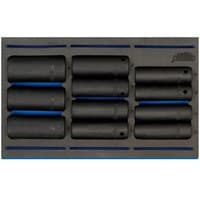 Black Draper 1/2" square drive impact socket set in foam tray, 11 pieces neatly arranged in two rows.