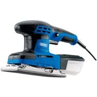 Blue and black Draper 1/3 sheet sander with ergonomic handle, dust collection box, and power cord.
