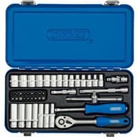 Blue Draper case with 45-piece metric socket set, including ratchet, sockets, and screwdriver handle.