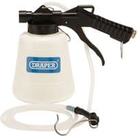 Draper 1 Litre Pneumatic Brake Fluid Extractor with white container, black handle, and attached clear hose.