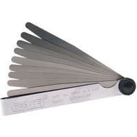 Draper 10 Blade Imperial Feeler Gauge Set with silver metal blades and engraved handle, fanned out for display.