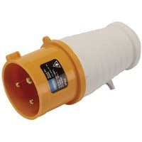 Yellow and white Draper 110V site plug 32A with three metal prongs and ribbed grip.