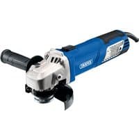Blue Draper 115mm angle grinder with silver motor housing, black side handle, and protective disc guard.