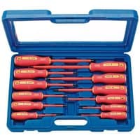 Draper 12 piece insulated screwdriver set with red handles and yellow accents in a blue plastic case.