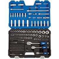 Draper 149-piece socket and bit set in blue and black case with assorted sockets, ratchets, and bits.