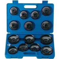 Blue Draper case with 15 black oil filter cup sockets neatly arranged inside.