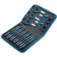 Draper 16 piece set with blue-handled precision pliers and screwdrivers in a black zippered case.
