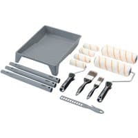 Gray Draper 13 piece decorating set with paint tray, rollers, brushes, and extension poles.