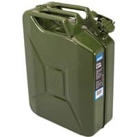 Green Draper 20L steel fuel can with secure cap and handle, rectangular shape, embossed details on the side.