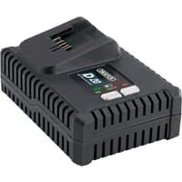 Black Draper D20 fast battery charger with vented sides, LED indicators, and a slot for 20V battery connection.