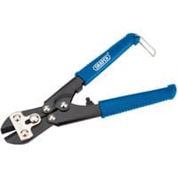 Black and blue Draper 210mm mini bolt cutters with rubber grips and metal cutting jaws.