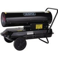 Black Draper diesel and kerosene space heater with wheels and handle, 68,250 BTU, 230V, 20kW capacity.
