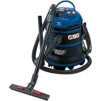 Blue and black Draper wet and dry vacuum cleaner, 35L capacity, with hoses and attachments, 1200W power.