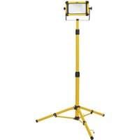 Yellow Draper tripod site light with rectangular LED panel, adjustable height, and sturdy three-legged base.