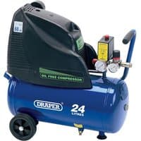 Blue Draper oil-free air compressor, 24L tank, black top cover, pressure gauges, handle, and wheels.