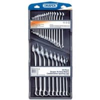 Draper 25-piece combination spanner set, silver wrenches in sizes 6-32mm, neatly arranged in a black plastic holder.
