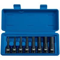 Blue case with Draper Expert 8-piece 1/2" drive impact hexagonal socket bit set, black sockets neatly arranged.