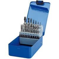 Blue Draper 28 piece metric tap and HSS drill set in open metal case, showing organized rows of silver tools.
