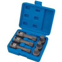 Blue plastic case with six black impact spline bits, each labeled, arranged in foam slots.