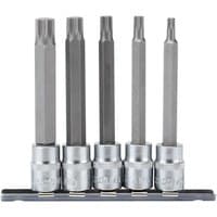 Draper 3/8'' 5 Piece Square Drive 100mm Spline Socket Bit Set with silver sockets and black spline bits on a holder.