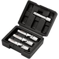 Draper 3/8" drive glow plug socket set with four chrome sockets in a black plastic case.