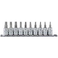 Draper 10-piece TX STAR socket bit set with silver 48mm long bits on a black rail, 3/8" square drive.