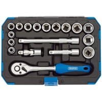 Draper 3/8" metric socket set with 18 pieces, including ratchet, sockets, and extensions in a black and blue case.
