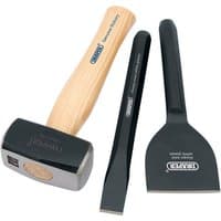 Draper 3 Piece Builders Kit with a wooden-handled hammer, black chisel, and black bolster chisel.