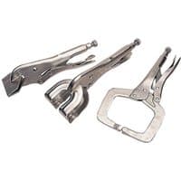 Draper 3 Piece Self Grip Clamp Kit with silver metallic finish, including C-clamp, sheet metal clamp, and locking pliers.