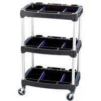 Black and silver Draper 3 tier workshop trolley with blue dividers and four swivel wheels.