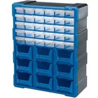Blue and black plastic organizer with 30 small clear drawers and 9 larger blue bins.