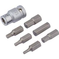 Silver Draper 7 piece metric hexagon bit set with 1/2" square drive, featuring six hex bits and one socket adapter.