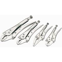 Set of four silver self-grip pliers with adjustable jaws and locking mechanism, varying in size.