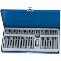 Blue case with 40-piece Draper bit set, including Tx-Star, hexagon, and XZN bits, organized in foam tray.