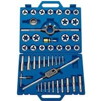 Blue Draper 42 piece metric tap and die set in a plastic case with assorted silver taps, dies, and wrenches.