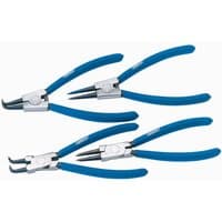 Four blue-handled circlip pliers with silver metal tips, featuring both internal and external grip designs.
