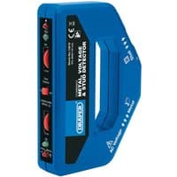 Blue Draper 501G detector with red buttons, black panel, and handle for metal, voltage, and stud detection.