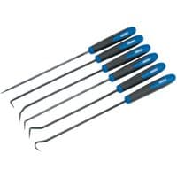 Six-piece Draper long reach hook and pick set with black shafts and blue ergonomic handles.
