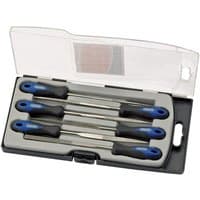 Draper 6 Piece 150mm diamond needle file set with blue soft grip handles in a black and clear plastic case.
