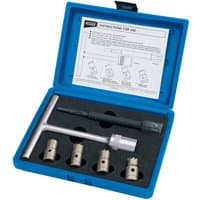 Blue Draper case with six-piece diesel injector seat cutter set, including T-handle and various cutter heads in foam slots.
