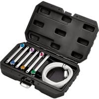 Black case with Draper 7 Piece Brake Bleeder Wrench Set, includes colored wrenches and white hose.
