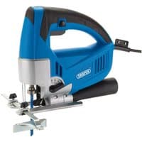 Blue and black Draper 750W orbital jigsaw with ergonomic handle and visible blade, corded power supply.