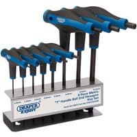 Blue and black Draper 8 piece T-handle hex key set with soft grips, displayed on a metal stand.