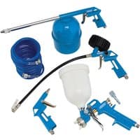 Blue Draper air tool kit with hose, spray gun, blow gun, and accessories, featuring a white paint container.