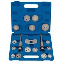 "Draper Brake Caliper Wind Back Kit in blue case with 18 metal components, including discs and handles"