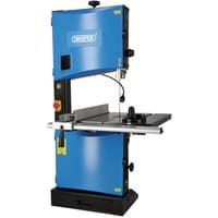 Blue Draper BS350D bandsaw with two wheels, black worktable, and safety switch on a sturdy black base.
