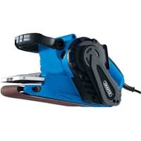 Blue Draper belt sander with black handle, 75mm sanding belt, and 1010W motor, featuring a side dust extraction port.