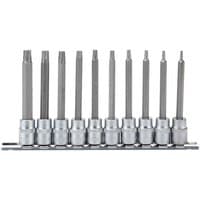 Draper D-TX/10/100 socket bit set, 10 silver 3/8'' drive TX-STAR bits, 100mm long, aligned on a metal rail.